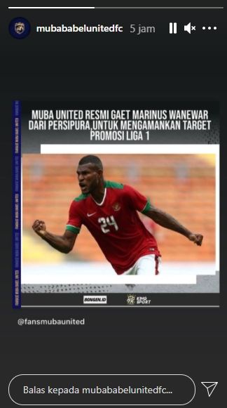 Marinues Wanewar gabung klub Liga 2, Muba Babel United. (Instagram/@mubababelunitedfc).