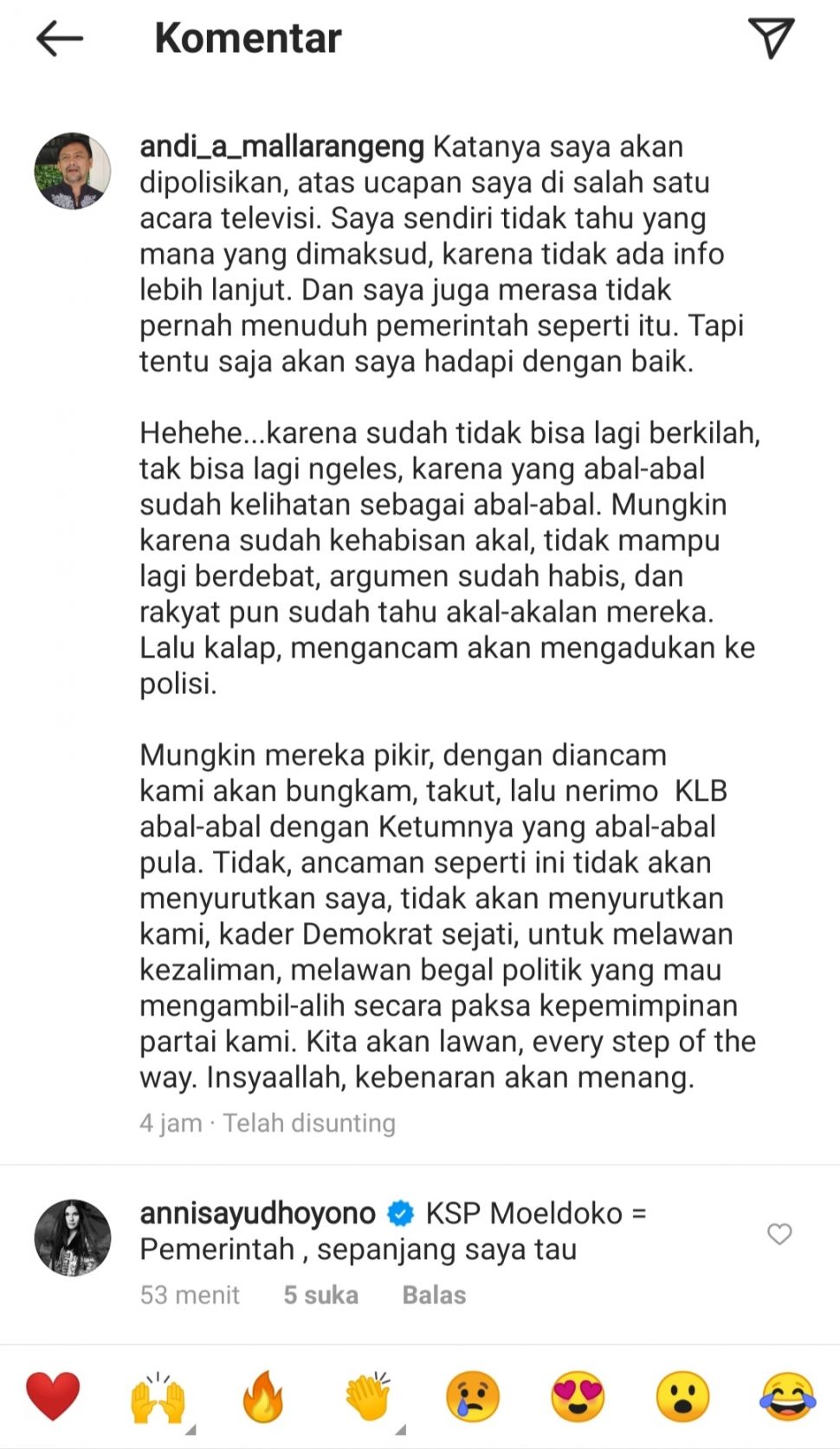 Annisa Pohan mengomentari unggahan Sekretaris Majelis Tinggi Partai Demokrat Andi Mallarangeng di Instagram. (Ist/tangkap layar)