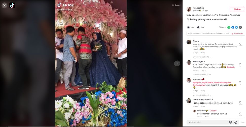 Dikerjai habis-habisan, pengantin pria ngenes lihat istri dipepet teman (TikTok).