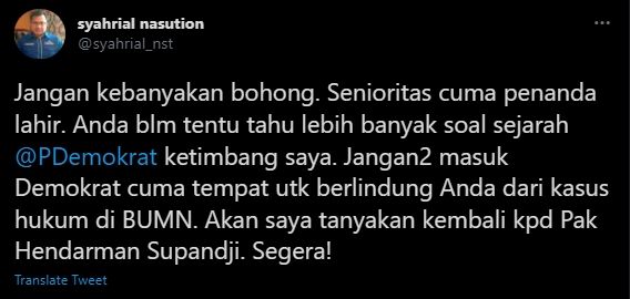 Cuitan Syahrial Nasution respons Marzuki Alie (Twitter).