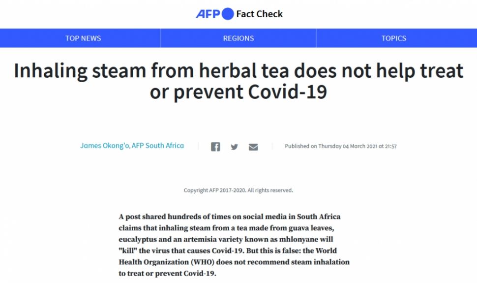 Fakta hirup uap panas teh herbal sembuhkan Covid-19 (Turnbackhoax.id)