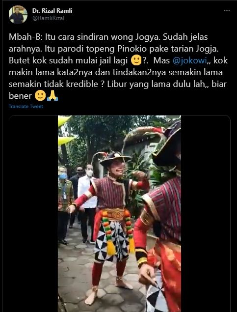 Cuitan Rizal Ramli soal Jokowi disambut tarian topeng petruk (Twitter).