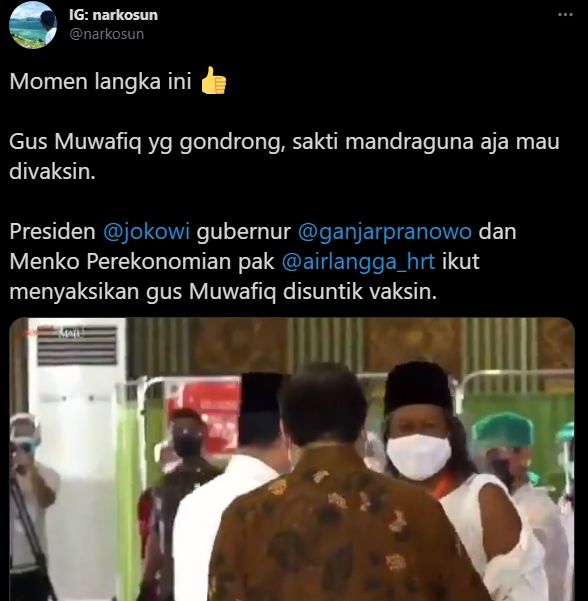 Dikenal Sakti, Gus Muwafiq Mau Divaksin Saksinya Ganjar sampai Jokowi. (twitter.com/narkosun)