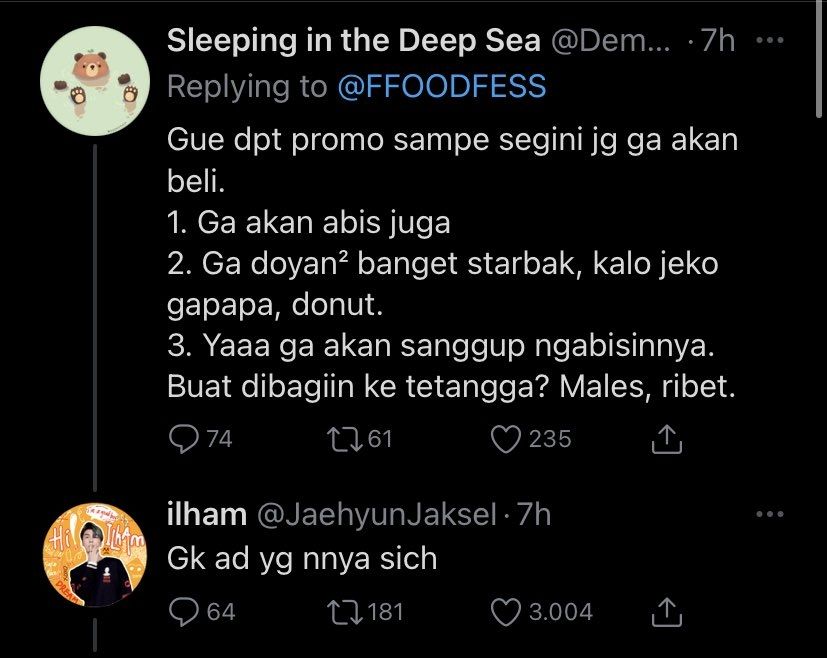 Respon tentang promo Starbucks (Twitter @txtdarigajelas)