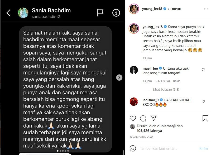 Penghina anak Young Lex mengirimkan permintaan maaf. [Instagram]