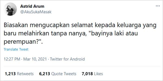 Viral cuitan dilarang tanya jenis kelamin anak saat jenguk orang lahiran. (Twitter/@AkuSukaMasak)