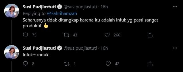 Cuitan Susi Pudjiastuti balas Fahri Hamzah (Twitter).