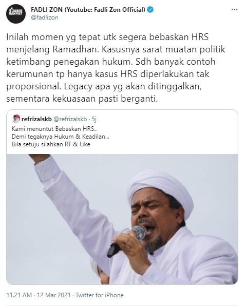 Fadli Zon usul Rizieq Shihab dibebaskan jelang ramadhan (Twitter/fadlizon)