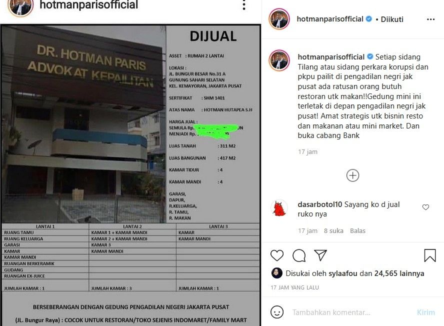 Hotman Paris jual rumah. [Instagram]