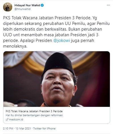 HNW nyatakan PKS tolak presiden 3 periode (Twitter/hnurwahid)