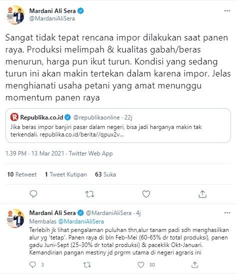 Mardani sebut impor beras saat panen raya khianati petani (Twitter/mardanialisera)