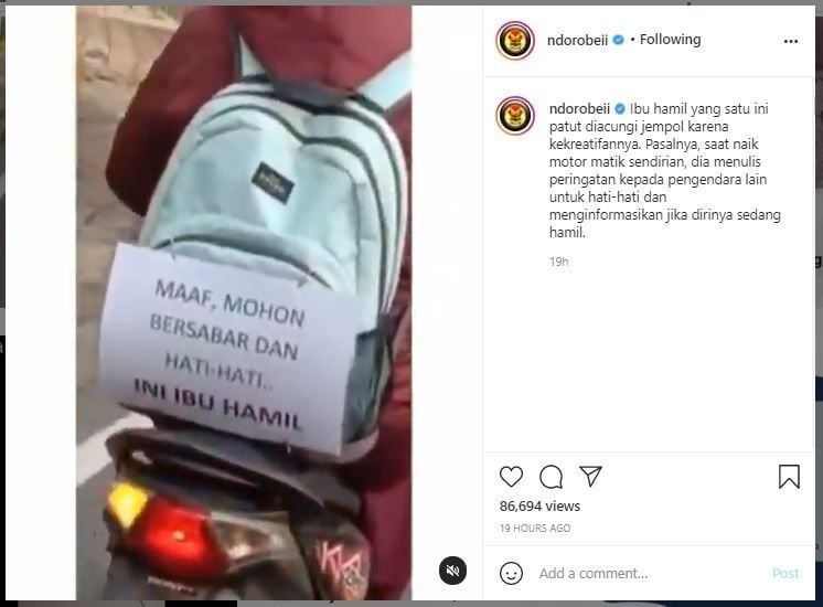 Viral Ibu Hamil Beri Pesan Ini saat Naik Motor (instagram.com/ndorobeii)