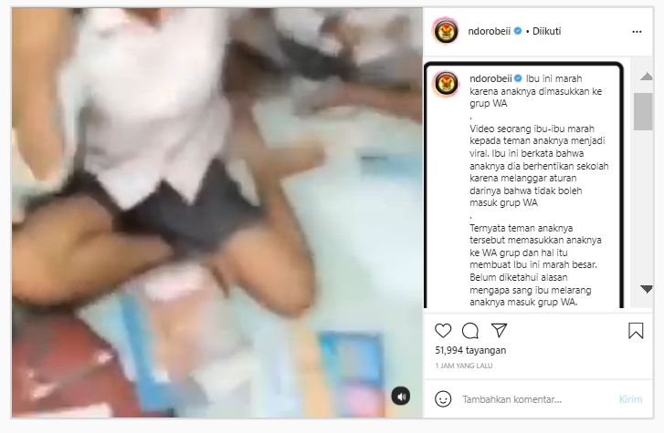 Viral diduga emak-emak ngamuk karena anak dimasukkan ke Grup WA (Instagram/ndorobeii).