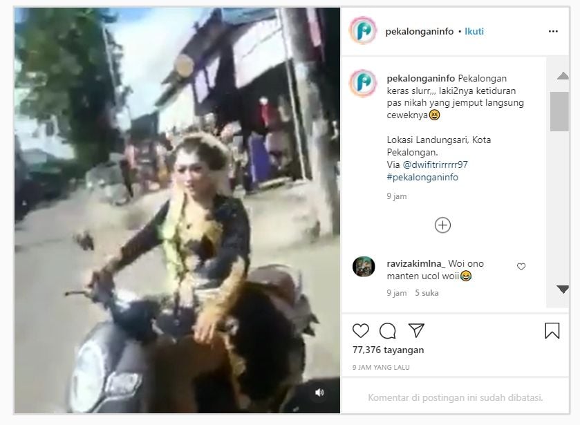 Viral video wanita bergaya bak pengantin menaiki motor sendirian (Instagram/pekalonganinfo).