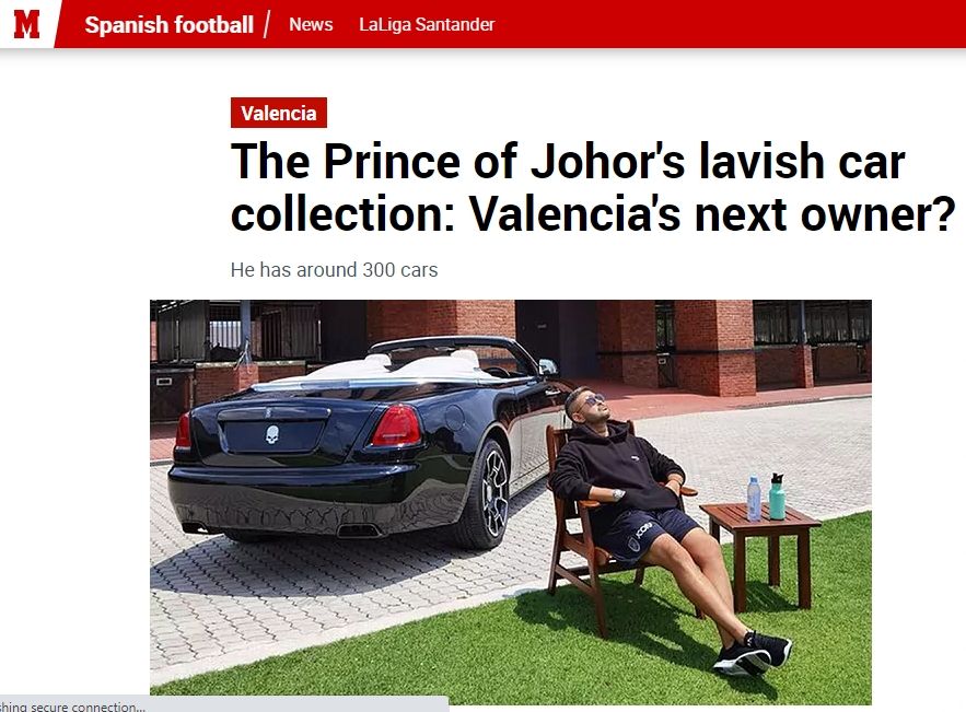 Koleksi mobil mewah pemilik JDT, Tunku Ismail ibni Sultan Ibrahim, disorot media Spanyol.