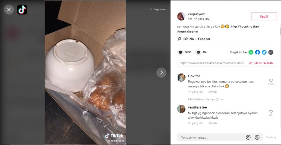 Viral mangkok nasi kafe terbawa sampai pelanggan (TikTok).