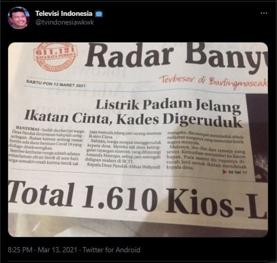 Warga geruduk kades gara-gara listrik padam. (Twitter/tvindonesiawkwk)