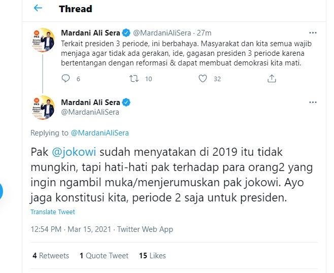 Cuitan Mardani Ali Sera soal wacana presiden tiga periode.[Twitter/@MardaniAliSera]