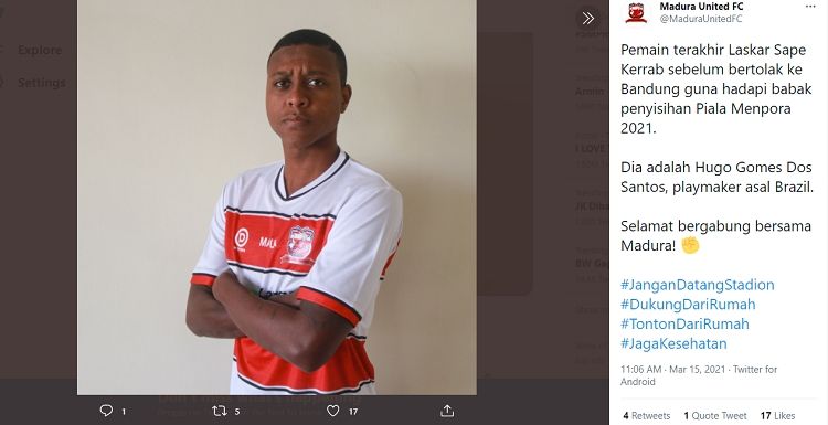 Pemain baru Madura United, rekan setim Gabriel Jesus di Timnas Brasil. (Twittr/@MaduraUnitedFC)