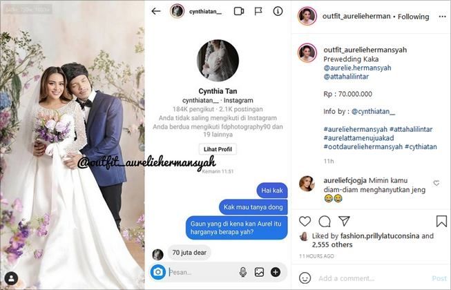 Desainer bocorkan harga gaun prewedding Aurel Hermansyah. (Instagram/@outfit_aureliehermansyah)
