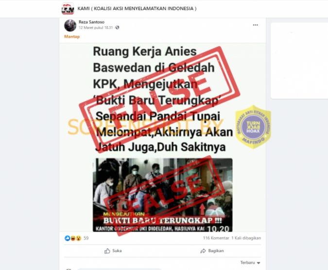 Cek fakta ruang kerja Anies Baswedan digeledah KPK (Turnbackhoax.id).