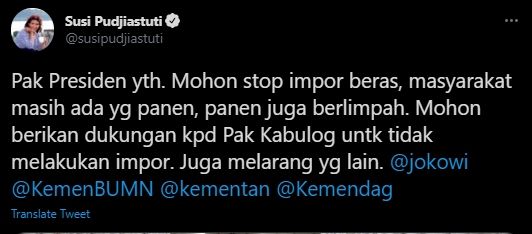 Pesan Susi Pudjiastuti untuk Jokowi. (Twitter/@susipudjiastuti)