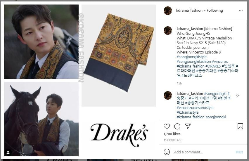 Syal Song Joong Ki di Drama Vincenzo yang Dikira Batik (instagram.com/kdrama_fashion)