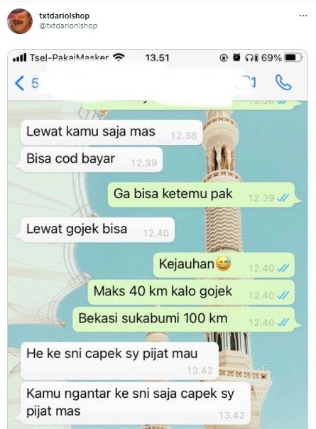 Paksa ojol antar barang Bekasi-Sukabumi (Twitter/txtdarionlshop)