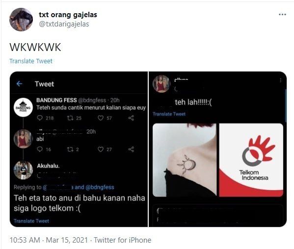 Bikin Salah Fokus, Tato Wanita Ini Disebut Mirip Logo Telkom (twitter.com/txtdarigajelas)