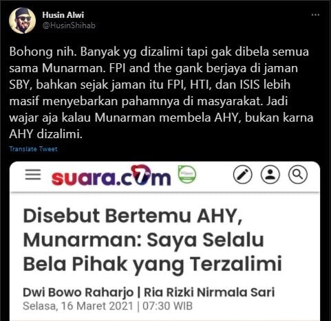 Husin Shihab soal Munarman ngaku bela semua orang terzalimi (Twitter).