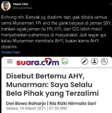 Husin Shihab komentari pernyaatan munarman. (Twitter/@HusinShihab)