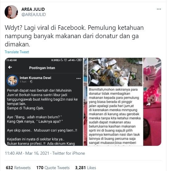 Viral Pemulung Buang Nasi Sedekah, Warganet Marah. (Dok: Twitter/AreaJulid)