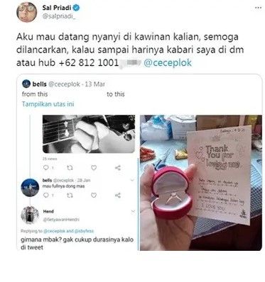 Sal Priadi tawarkan nyanyi di acara nikahan pasangan yang kenal lewat menfess (Twitter)