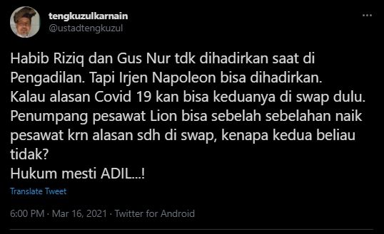 Tengku Zul beberkan beda perlakuan HRS dan Irjen Napoleon. (Twitter)