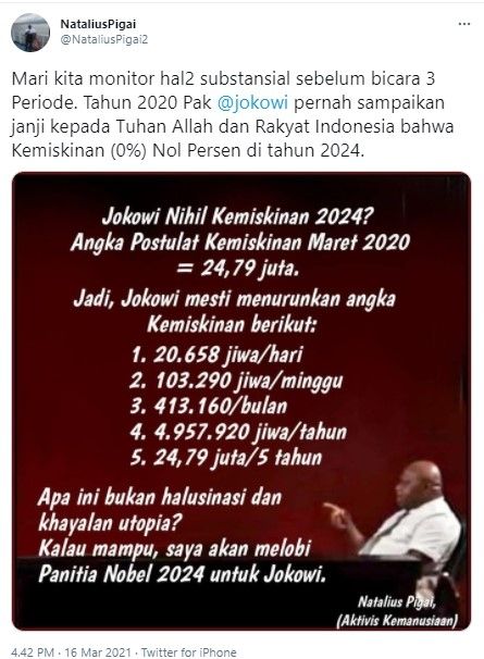 Natalius Pigai tantang Jokowi realisasikan program kemiskinan 0 persen pada 2024 (Twitter)