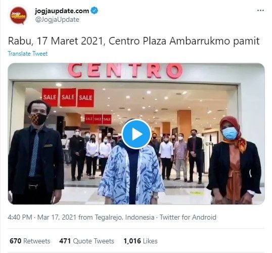 Karyawan centro Amplaz Jogja pamit - (Twitter/@JogjaUpdate)