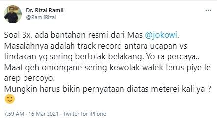 Rizal Ramli usul Jokowi bikin pernyataan soal ogah jabatan 3 periode (Twitter/ramlirizal)