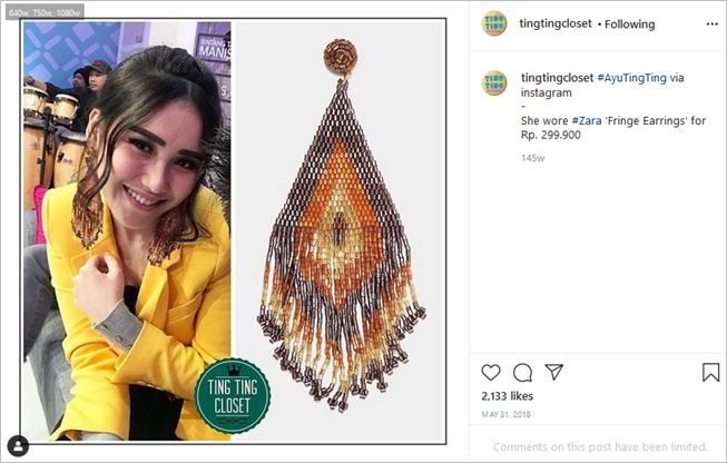 3. koleksi anting lucu Ayu Ting Ting. (Instagram/@tingtingcloset)