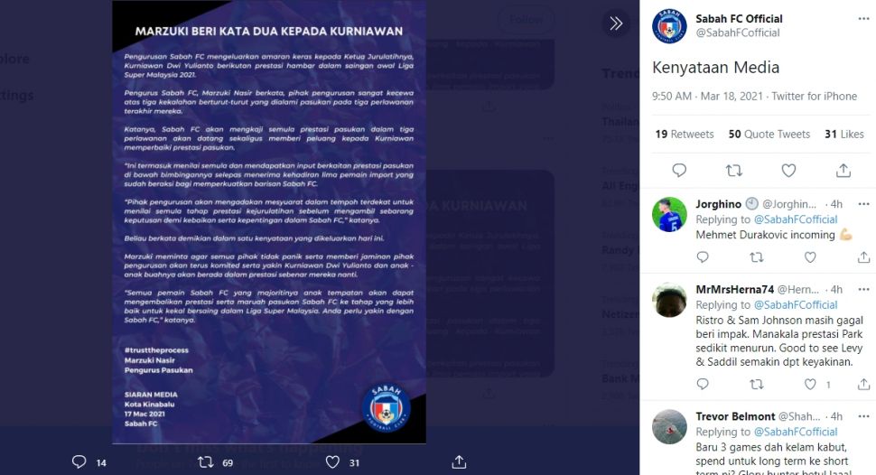 Rilisan Sabah FC usai rentetan hasil buruk. (Twitter/@SabahFCofficial)