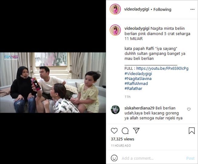 Reaksi Raffi Ahmad saat Nagita Slavina minta dibelikan berlian Rp11 miliar. (Instagram/@videoladygigi)