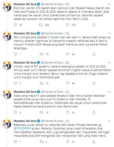 Mardani kritik penunjukkan 270 Pj kepala daerah oleh Jokowi (Twitter/mardanialisera)