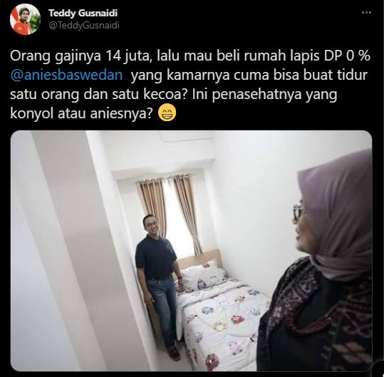 Teddy Gusnaidi berkomentar soal rumah DP 0 persen untuk orang bergaji Rp 14 juta. (Twitter/TeddyGusnaidi)