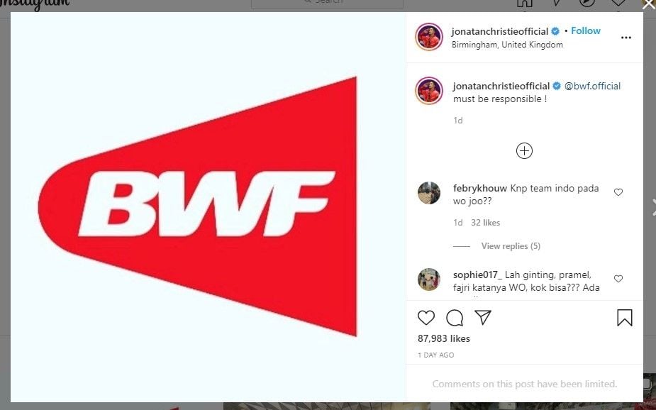 Atlet bulu tangkis protes ke BWF (Instagram)