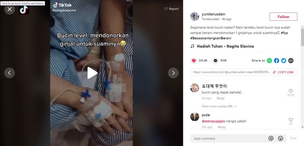 Bucin Tingkat Dewa, Istri Ini Rela Donorkan Ginjal Untuk Suami. (Dok: TikTok/@Yunitarusdan )