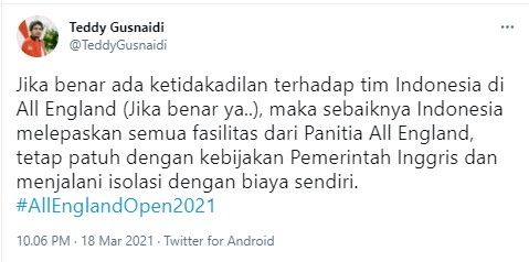 Teddy usul tim Indonesia lepas semua fasilitas All England (Twitter/teddyguesnaidi)