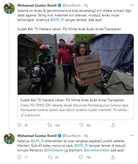 Guntur Romli curiga KPK lemah di kasus korupsi jakarta (Twitter/gunromli)