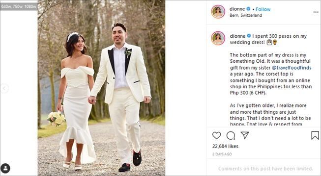 Artis Filipina Dionne Monsanto pakai gaun pengantin Rp89 ribu. (Instagram/@dionne)