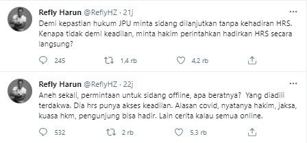 Komentar Refly Harun soal permintaan sidang offline rizieq ditolak (Twitter/reflyhz)