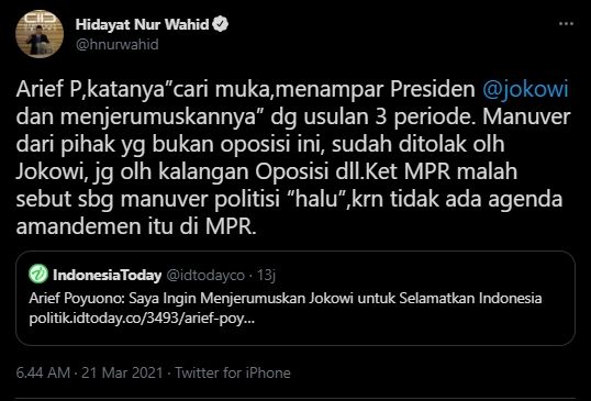 Hidayat Nur Wahid menanggapi pernyataan Arief Poyuono. (Twitter/hnurwahid)