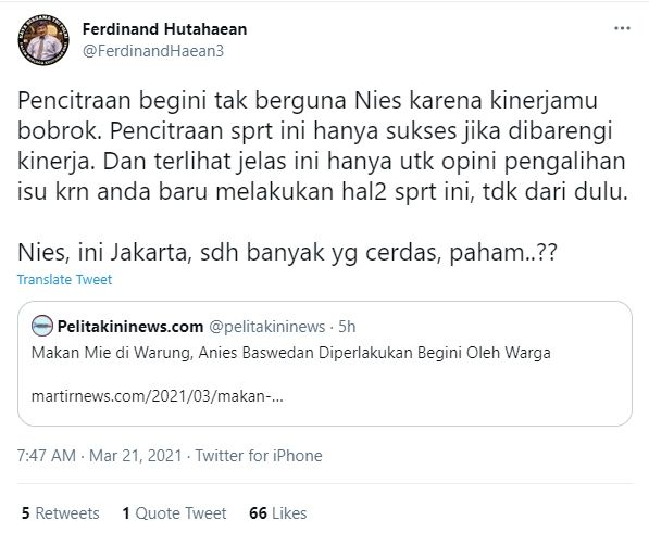 Cuitan Ferdinand Hutahaean sindir Anies Baswedan yang disebut pencitraan (Twitter/@ferdinandhaean3).